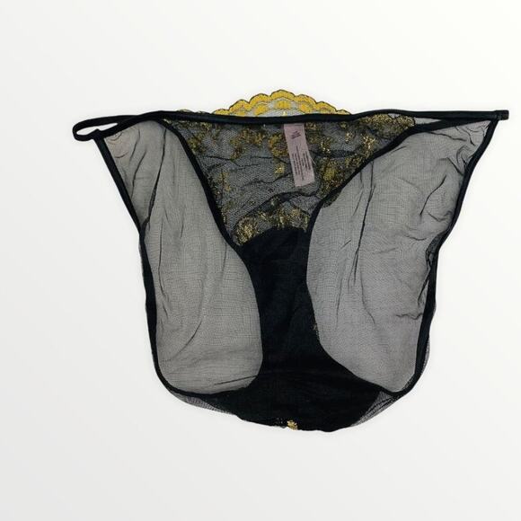 Vintage Victoria's Secret Black Sheer String Bikini Gold Metallic Lace Medium - Picture 6 of 7